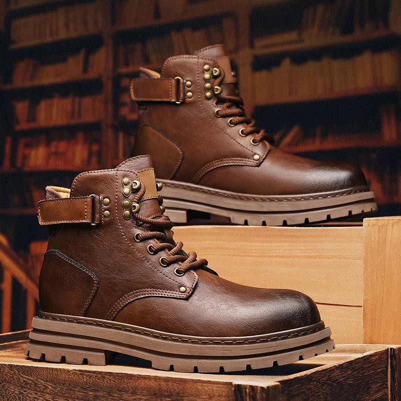 Fashion Classic Autumn Winter Warm Snow Boots Mens Thick Soles Non-slip Biker Boots Outdoor High Top Casual Shoes Handmade Leather Botas