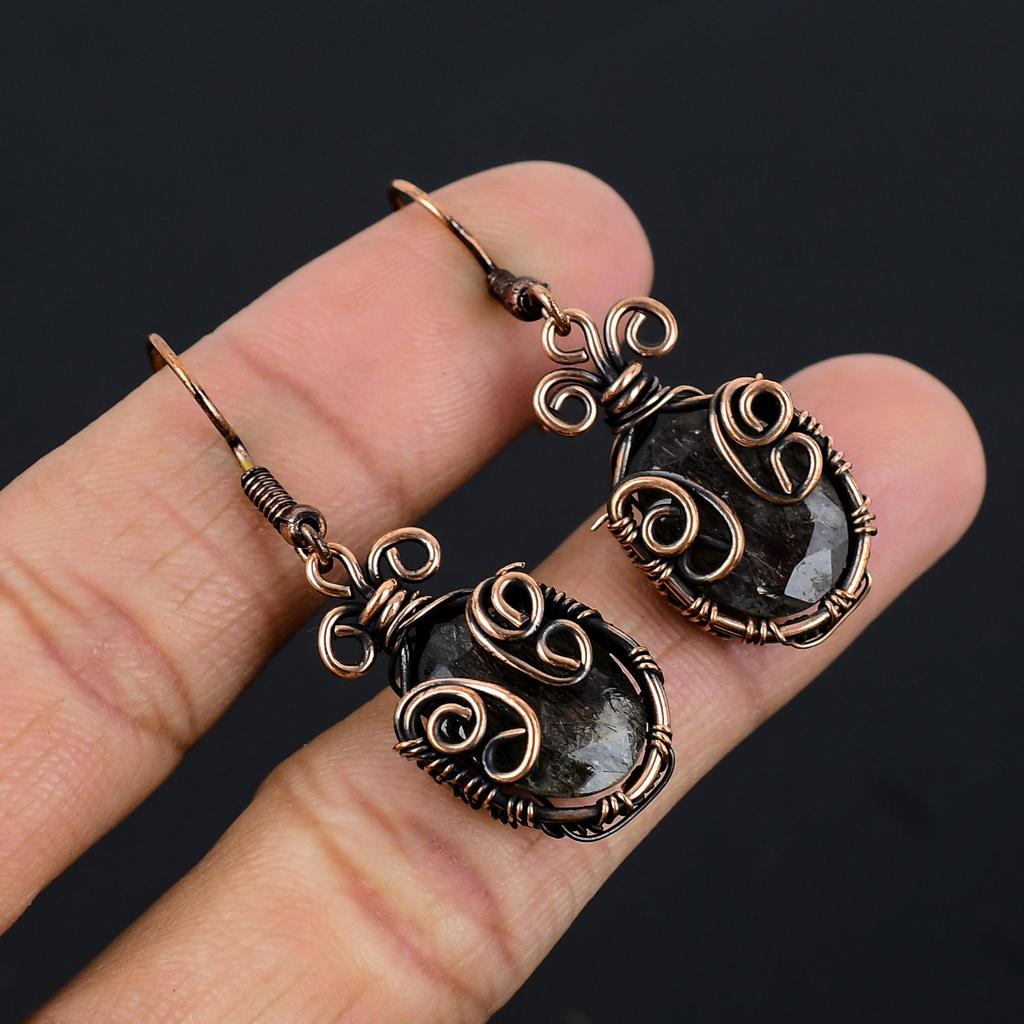 Black Rutile Jewelry, 999 Copper Wire Wrapped Gemstone Earrings, Handmade Earrings, For Memorial Day