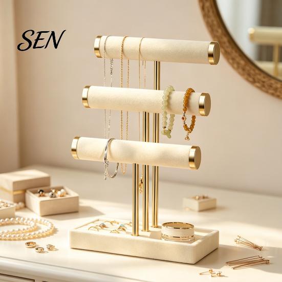 Desktop Jewelry Holder 3 Tier Velvet Organizer, T-shaped for Bracelet, Non-slip Stand Necklaces Rings, & Earrings, with Storage Tray Earring Rack