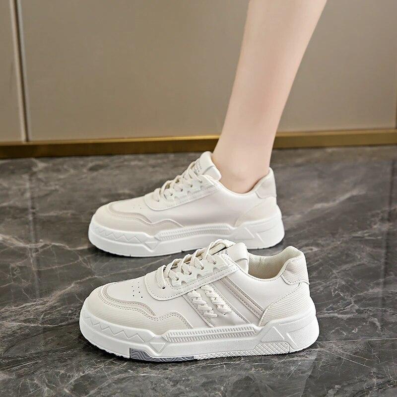 

Женские кроссовки для отдыха, зима-осень, кожаные туфли на среднем каблуке со шнуровкой и круглым носком на платформе для женщин, вулканизированная обувь больших размеров 36 бежевый