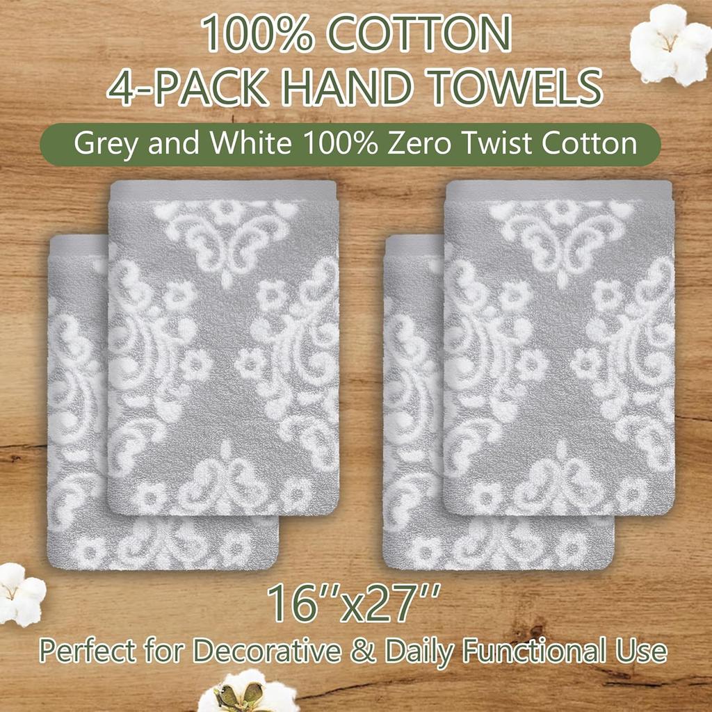Hand Towels for Bathroom, 16" x 27" - Cotton | Quick Dry | Lightweight | Soft | Absorb, Grey Bathroom Hand Towels Set of 4, Decorative Hand Towel,
