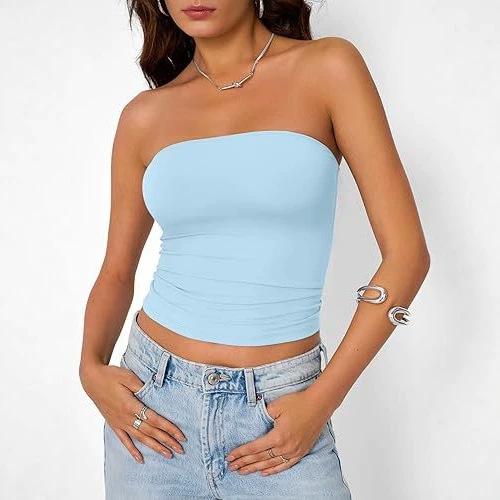 Top a tubino senza maniche da donna, senza spalline, Streetwear, tinta unita, Bustier, vestibilità aderente, elasticizzato, estivo, casual, da indossare tutti i giorni, Canottiera