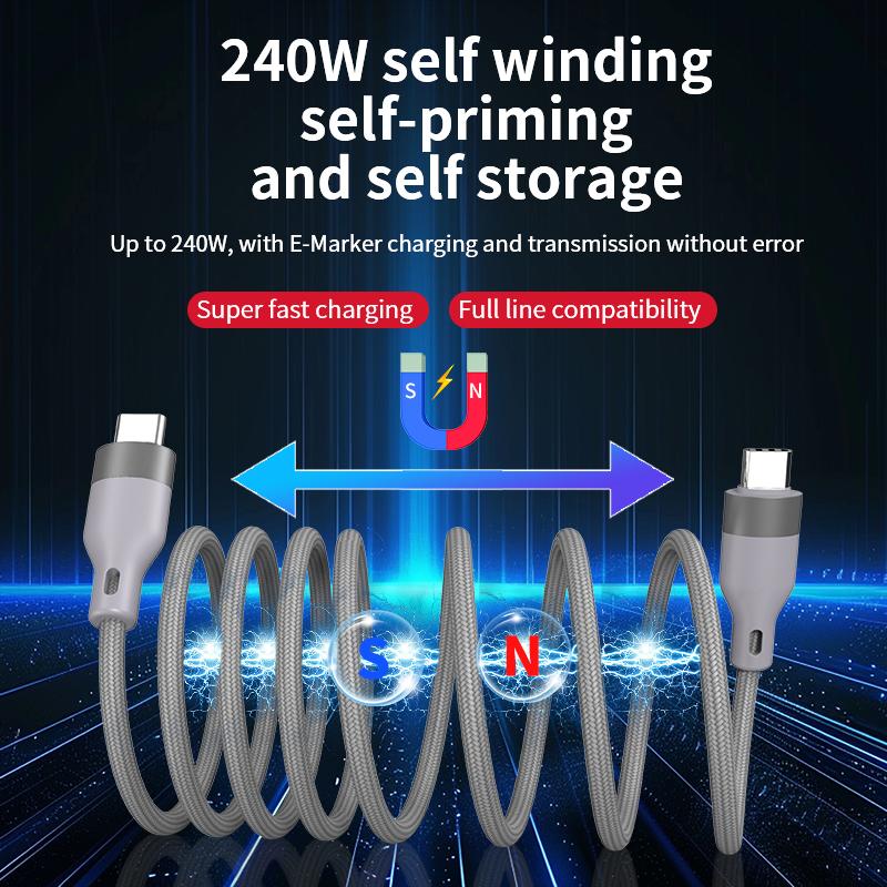 Hot Selling 60W 240W 5A Fast Charging USB Type C Magnetic Suction Braid Nylon Cable for Mobile Phone