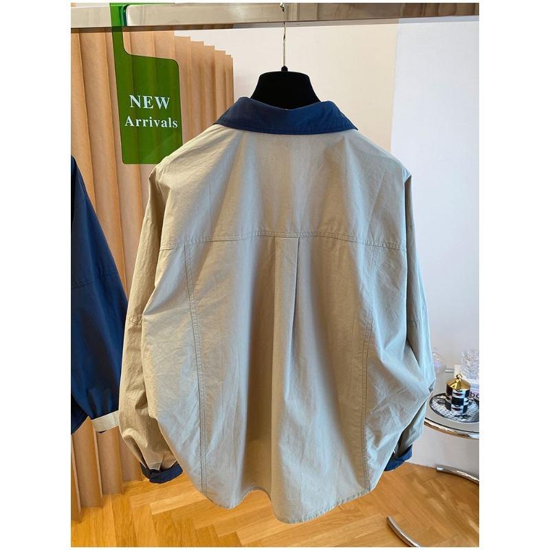 Damskie Nowe Jesienne Modne Kontrastowe Kolorystycznie Casualowe Luźne Bawełniane Bluzki Krótsze z Przodu Dłuższe z Tyłu Koszule z Długim Rękawem