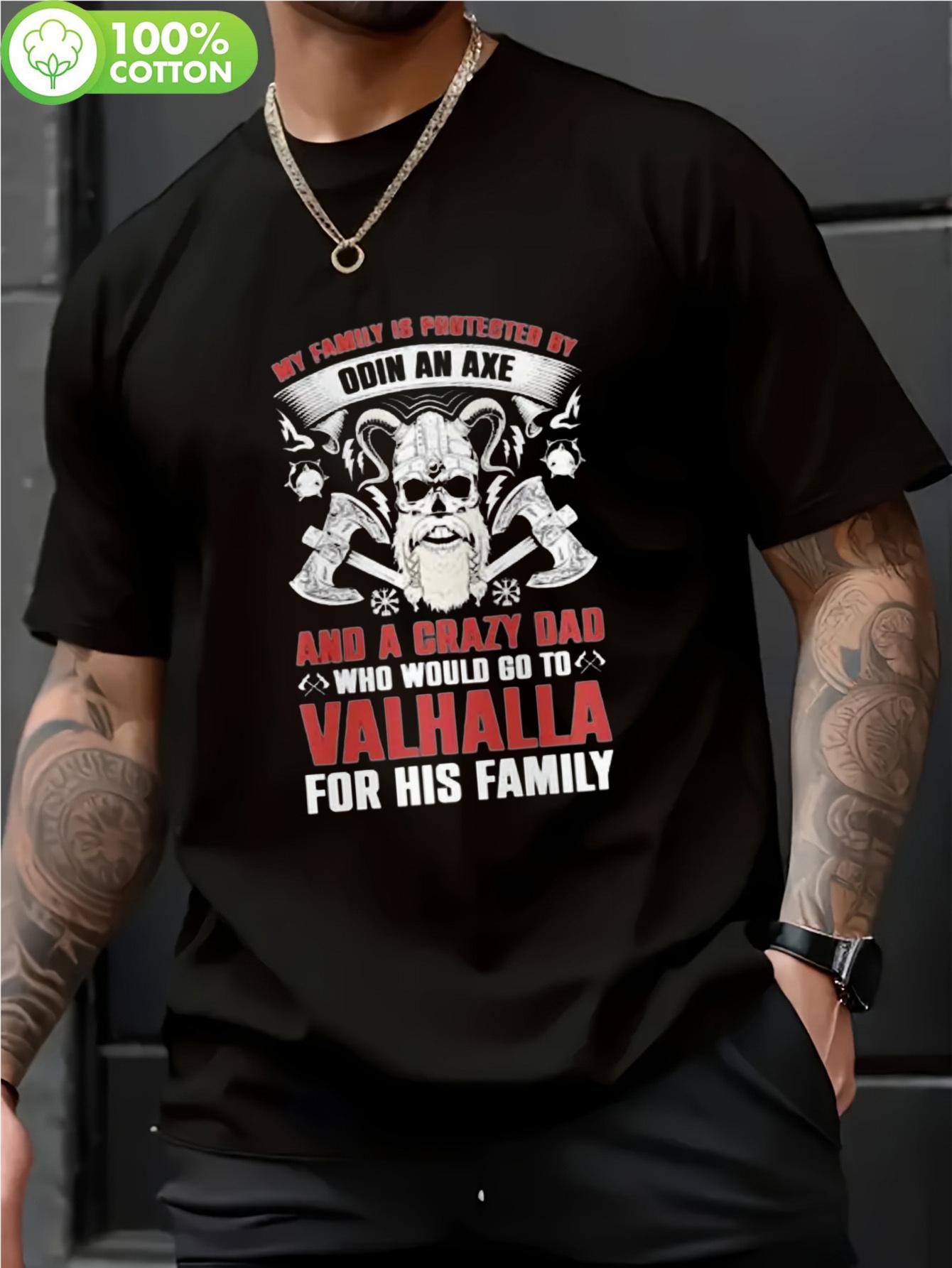 

Black Odin & Axe Viking Slogan T-shirt - 100% Cotton Norse Mythology Graphic Tee with Crazy Dad & Axe Humorous Design XXXL