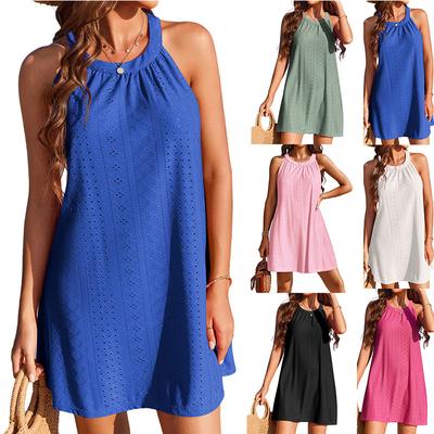 Women Summer Sleeveless O Neck Solid Color Loose Holiday Beach One Piece Dress