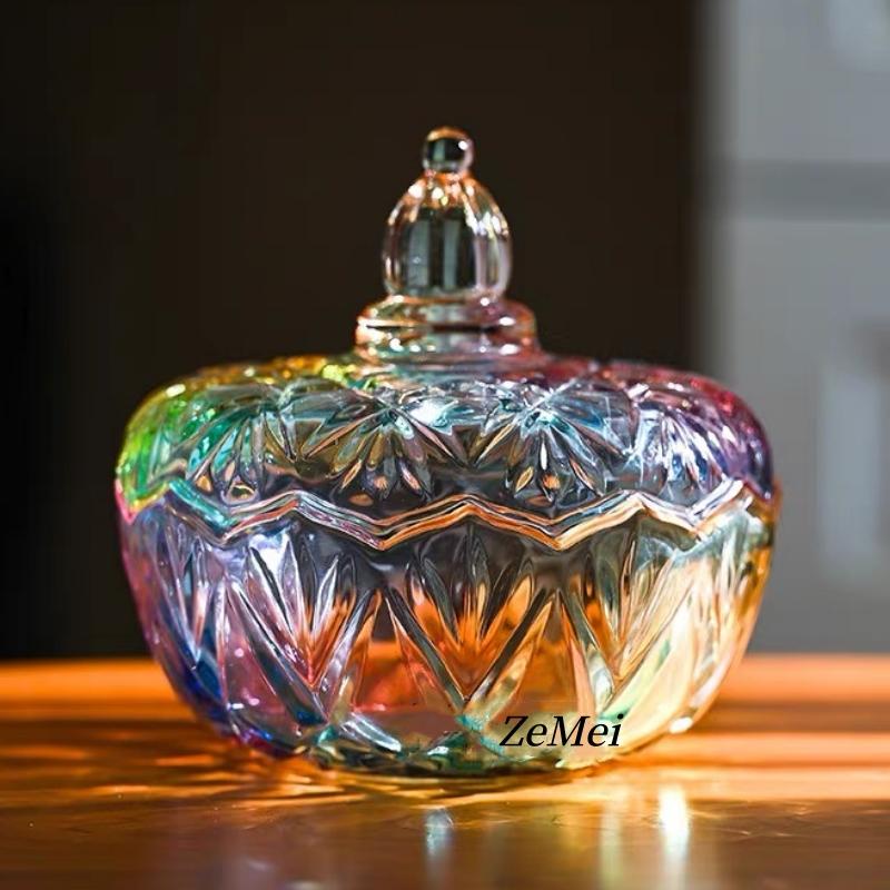 European-Style Colored Glass Storage Jar,Coffee Sugar Jars & Jewelry Boxes Organizer Glass With Lid Candy Container Decoration