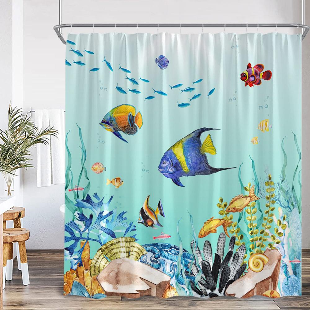 Nautical Cartoon Shower Curtain Tropical Fish Starfish Shell Seaweed Coral Underwater Bathroom Decoration Polyester Bath Curtain