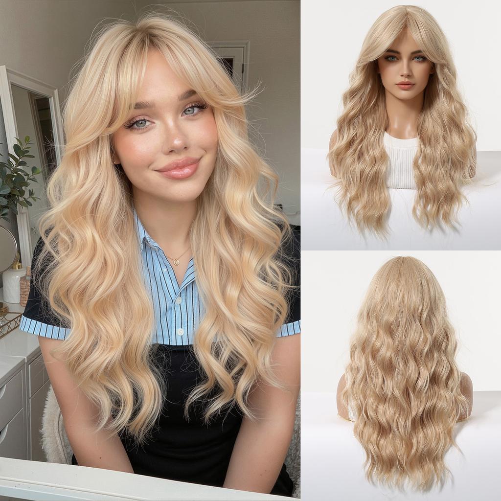 European And American Wind And Wind Gradually Change Platinum Long Curly Hair Wig Eight-Character Bangs Fluffy Natural High Temperature Silk Material