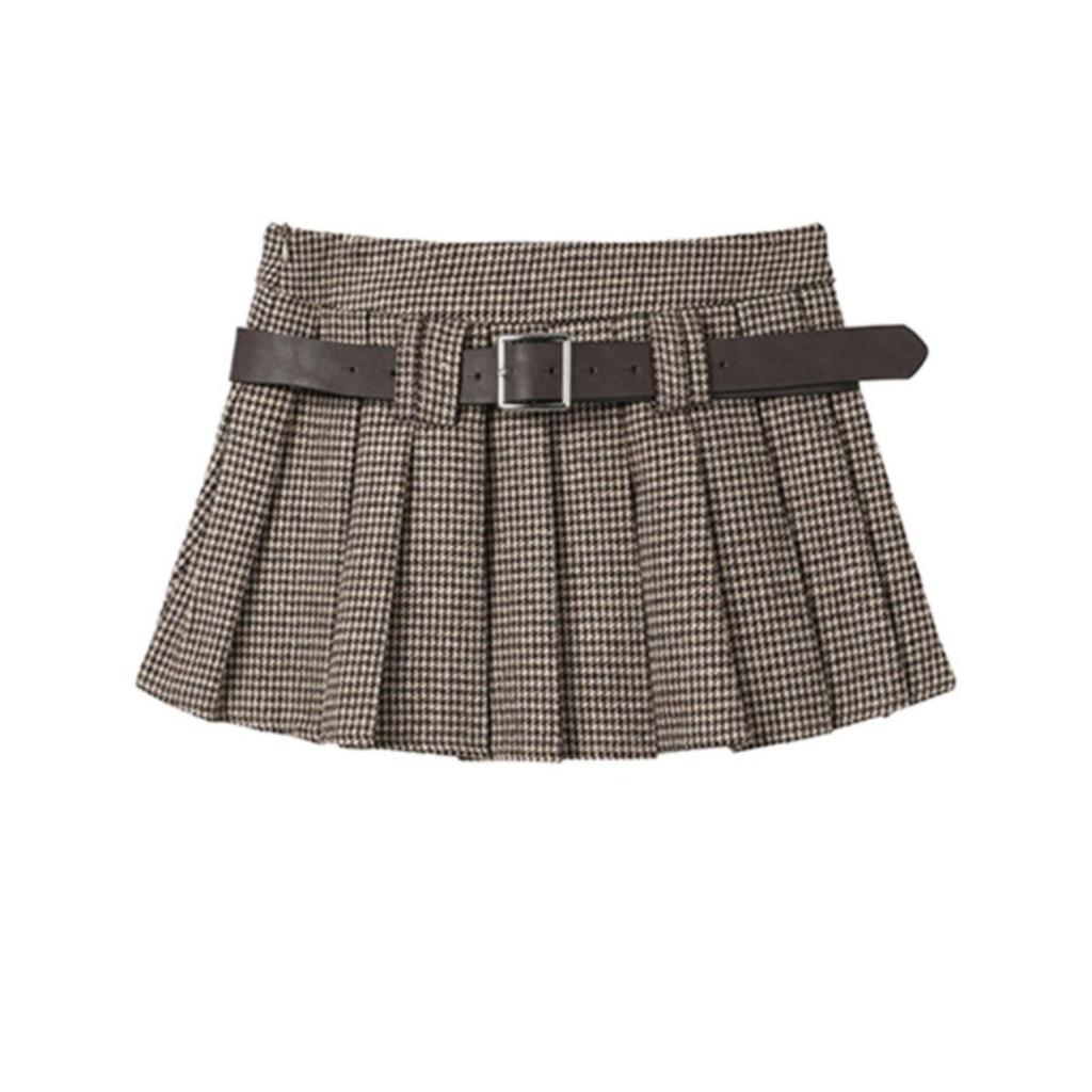 Women's Retro Houndstooth Pleated Midi & High Waist Mini Skirt - Autumn Collection XS