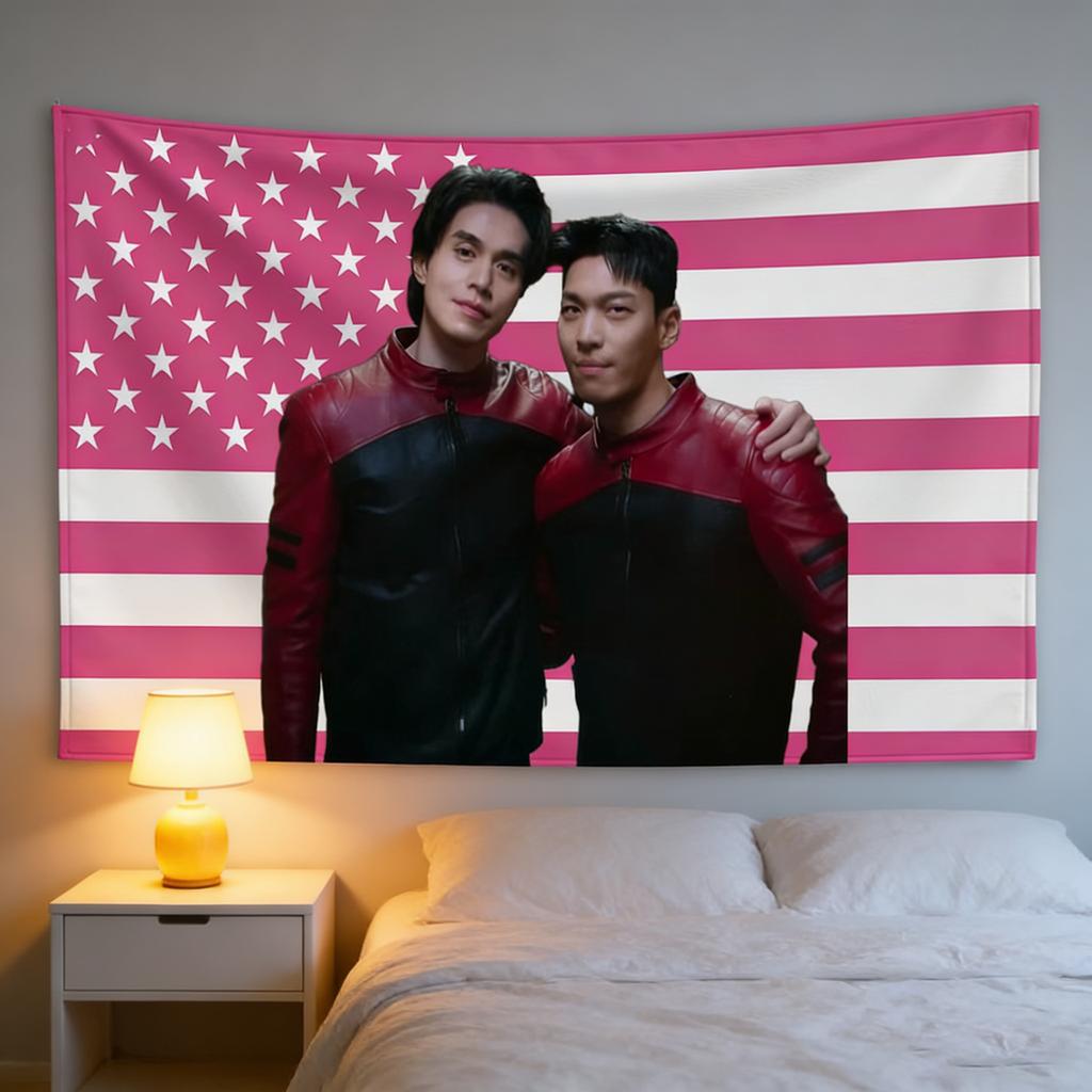 BAD AND CRAZY Lee DongWook Wi HaJun American Flag Banner  Funny Flat Printed Tapestry Decor for Bedrooms Outdoor  Ads