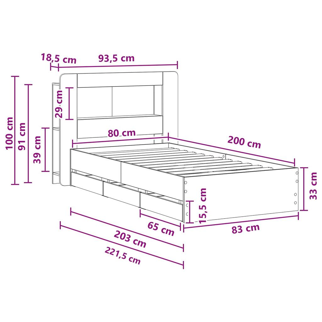 Bed Frame with Storage Space Grey Sonoma 80 x 200 cm Engineered Wood