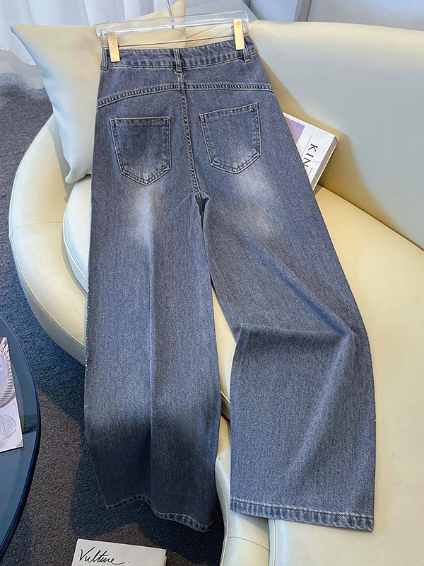 Chic High-Waisted Rhinestone Straight-Leg Jeans for Women - New 2026 Spring/Autumn Style, Slimming and Flowy.