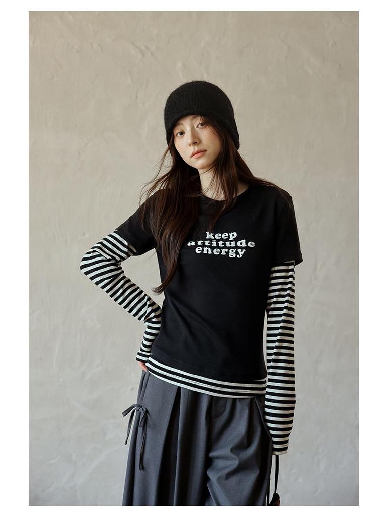 Yimeng 2025 Herbst Eleganz im koreanischen Stil gestreiftes Zwei-in-Eins T-Shirt