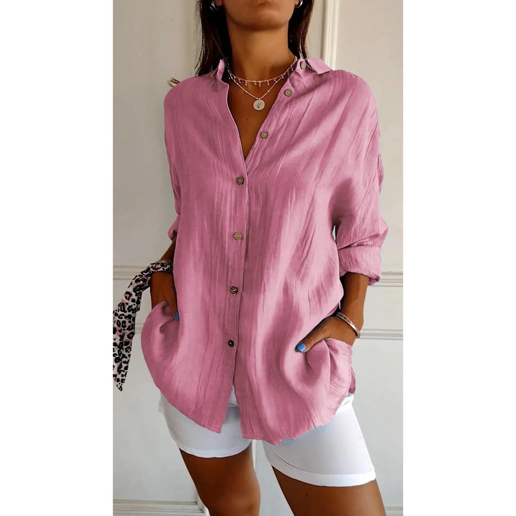 IHUASU Single Breasted Pleated Lapel Shirt Women's Solid Color Pull-up Sleeve Top