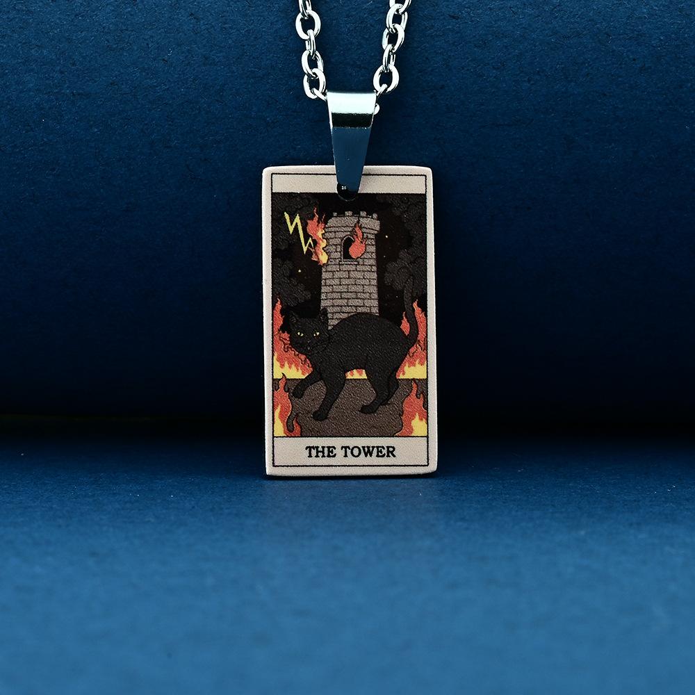 Stainless Steel Cat Tarot Card Necklace for Men Women Animal Divination Jewelry Accessory