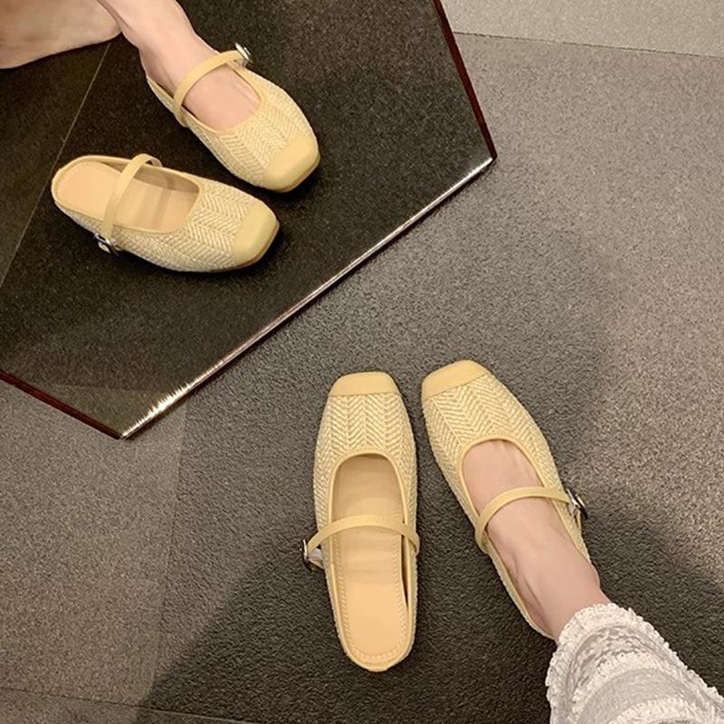 Grape Mother Increases Height by 5cm In Summer~ Vacation Style Straw Woven Retro Square Head Sandals Lazy Half Drag Women In Summer