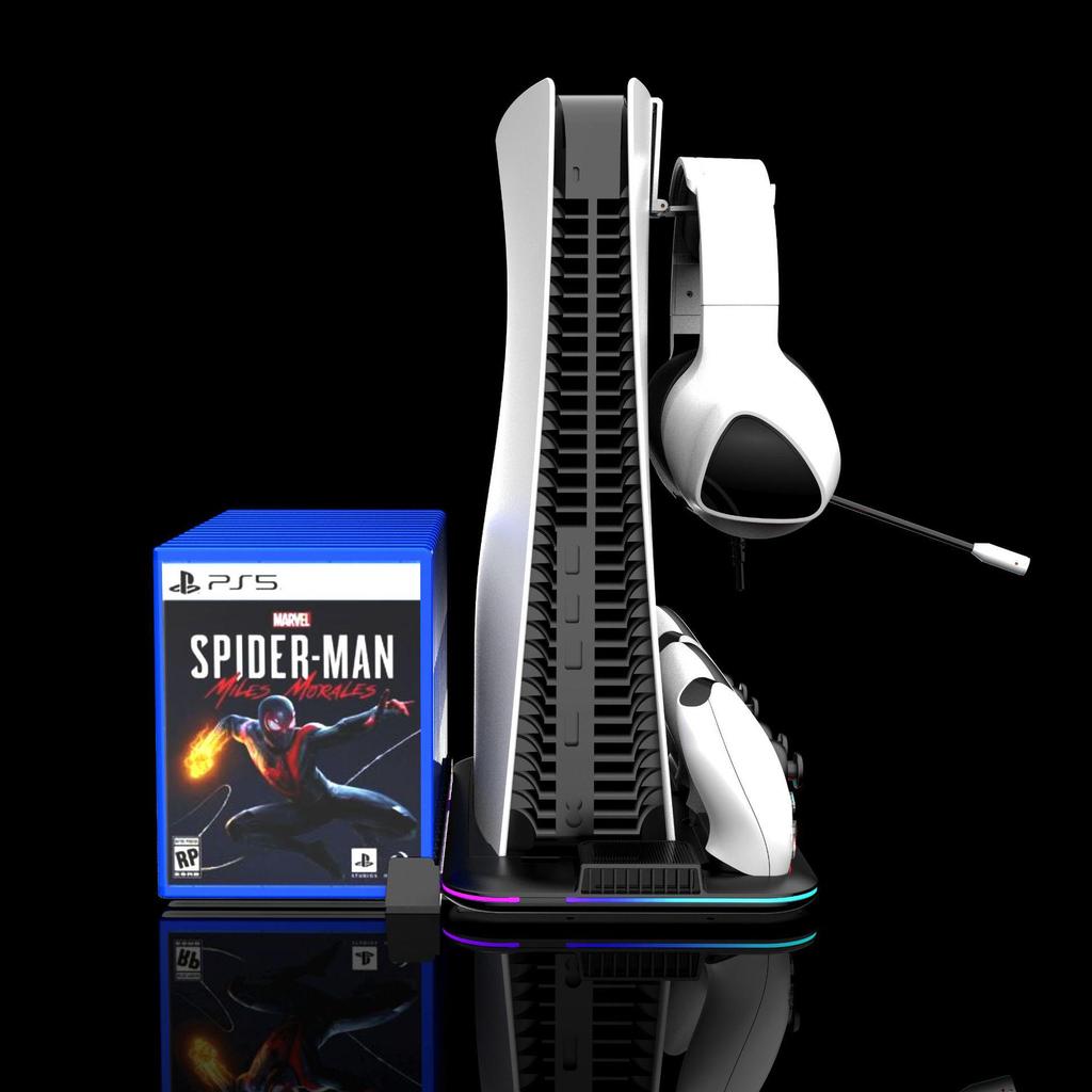 PS5 Slim Pro aušinimo stovas ir įkrovimo stotelė su žaidimų diskų ir ausinių laikikliais