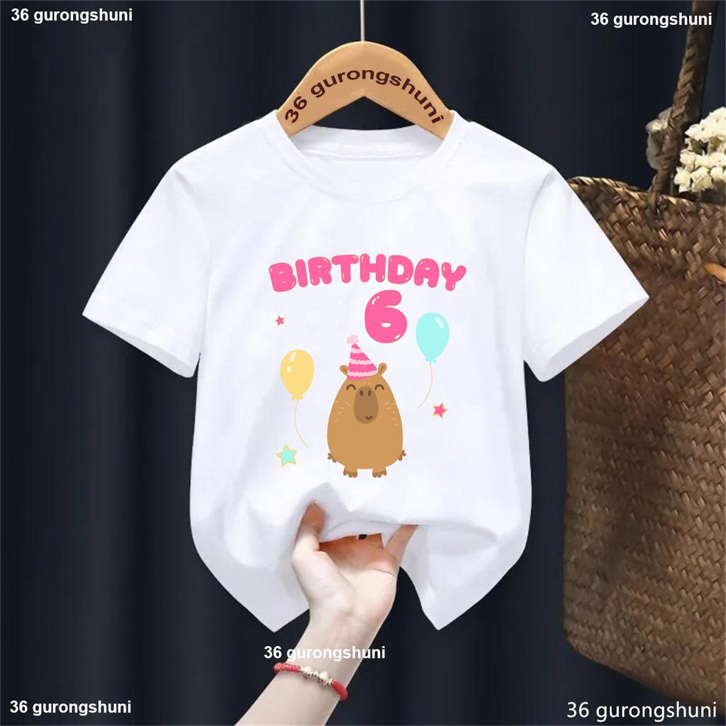 5th/6th/7th/8th/9th Birthday Capybara Balloon Printed Tshirt Girls/Boys Funny Kawaii Kids Clothes Fashion Solid T-Shirt Tops