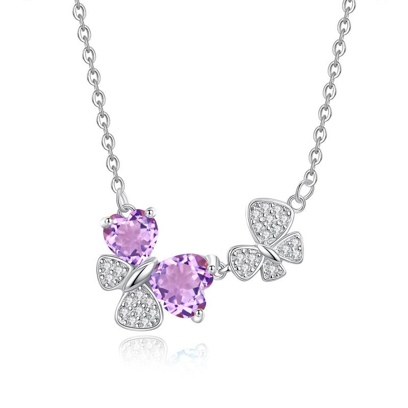 Natural Colored Gemstone Pendant S925 Sterling Silver Non-Fading Necklace Women's Butterfly Design Collarbone Chain