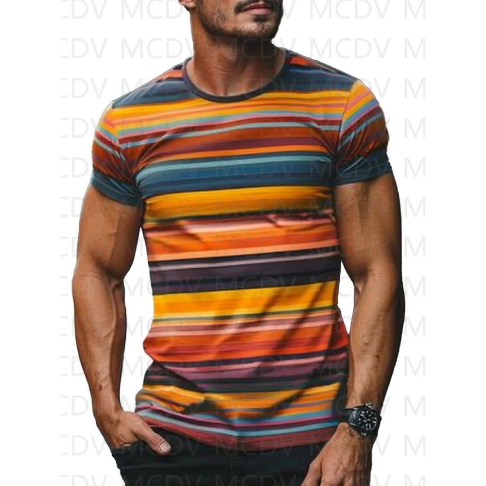 Men s Round Neck Rainbow Stripe Print Casual Short Sleeve T-Shirt 3D Printed Summer T Shirt Men s M