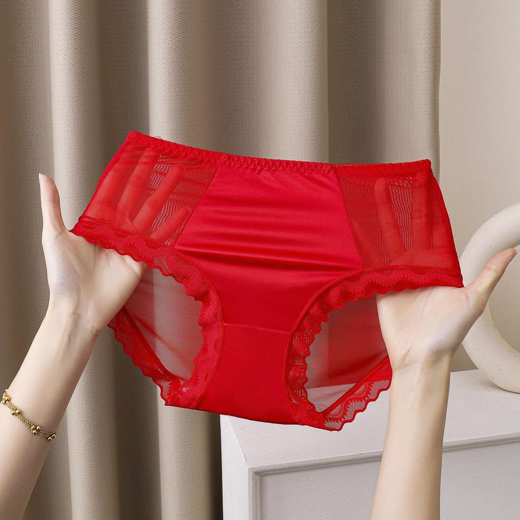 Women's Mid-Waist Ice Silk Lace Underwear - Summer Mesh Satin, Sexy Solid Color with Cotton Crotch