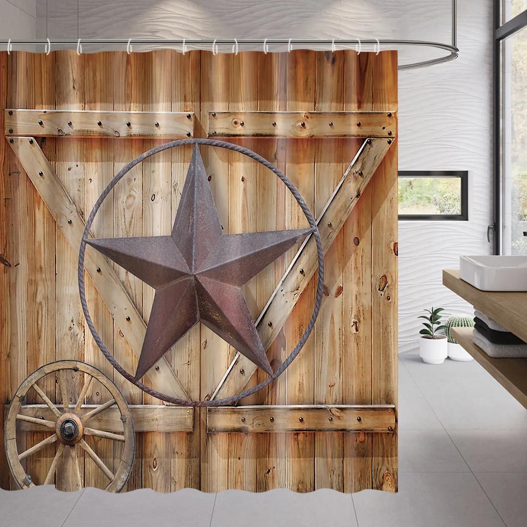 Wood Door Cow Shower Curtain Farm Animal Barn Door Wooden Wheel Pumpkin Sunflower Retro Bath Curtain Bathroom Accessories Set