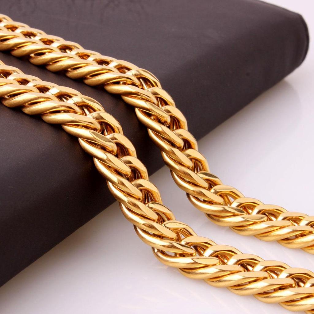 Gold Titanium Steel Chain Necklace and Bracelet Set with Multiple Sizes (50-60cm, 18-21cm)