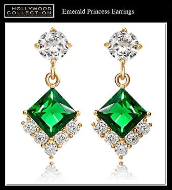 Emerald Green 18K Gold Princess Dangle Hollywood Celebrity Jewelry Earrings, 18KGP,
