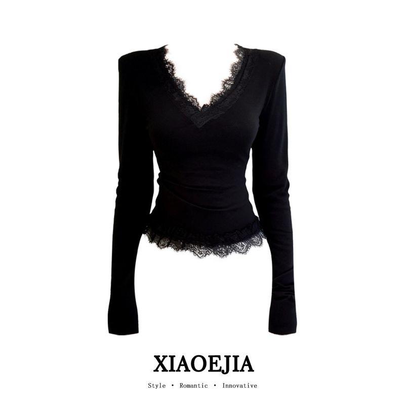 Xiaoejia Pure Desire Style Lace Trim V-Neck Long-Sleeve T-Shirt Slim Fit Fleece-Lined Base Shirt for Women