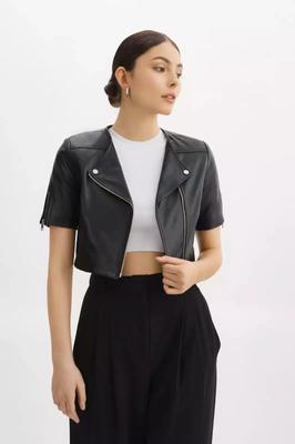 Women's Genuine Lambskin Leather Elegant Design Cropped Black Jacket Handmade