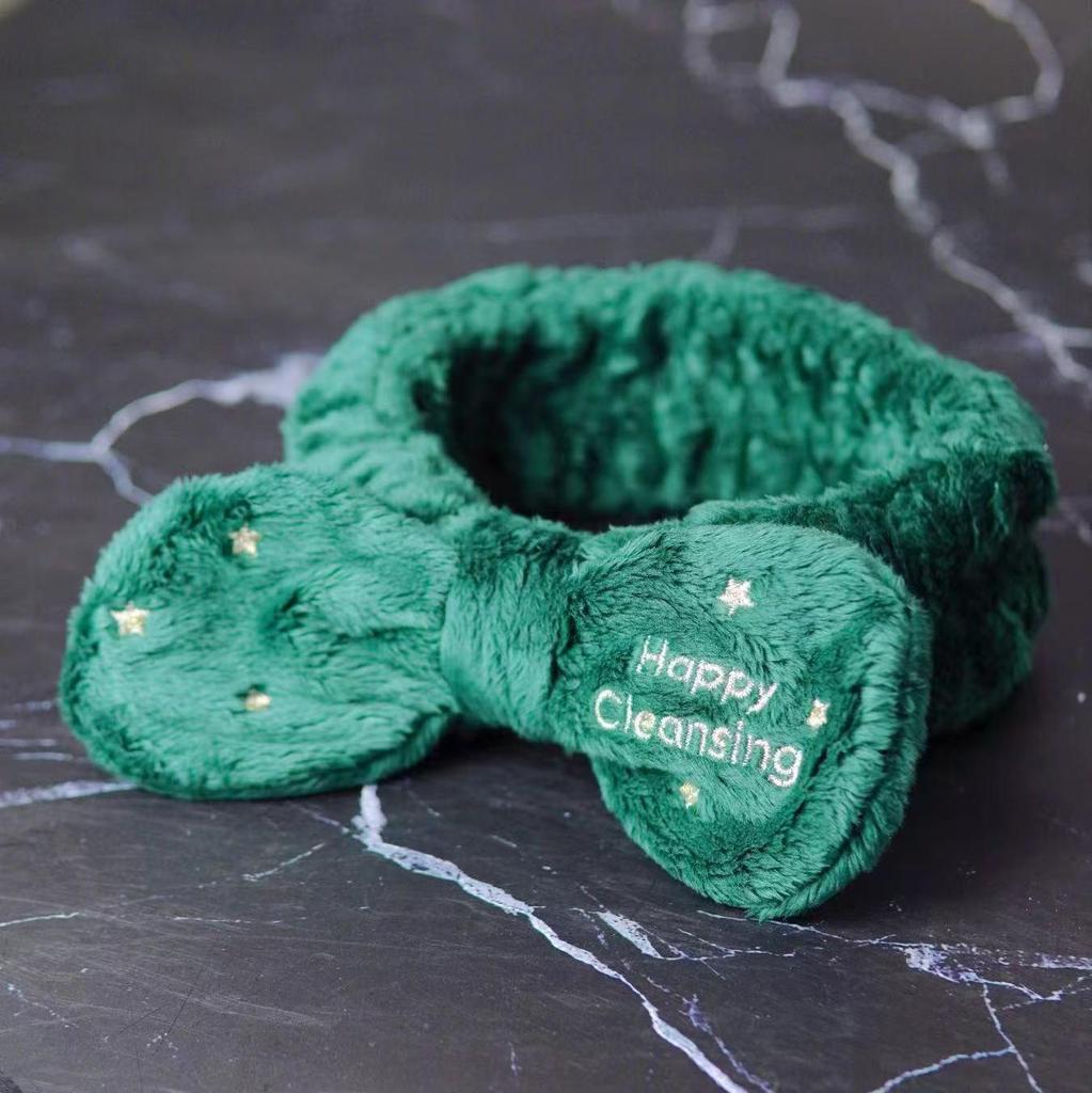 Green Plaid Christmas Bow Headband for Girls - Embroidered Flannel Hair Tie