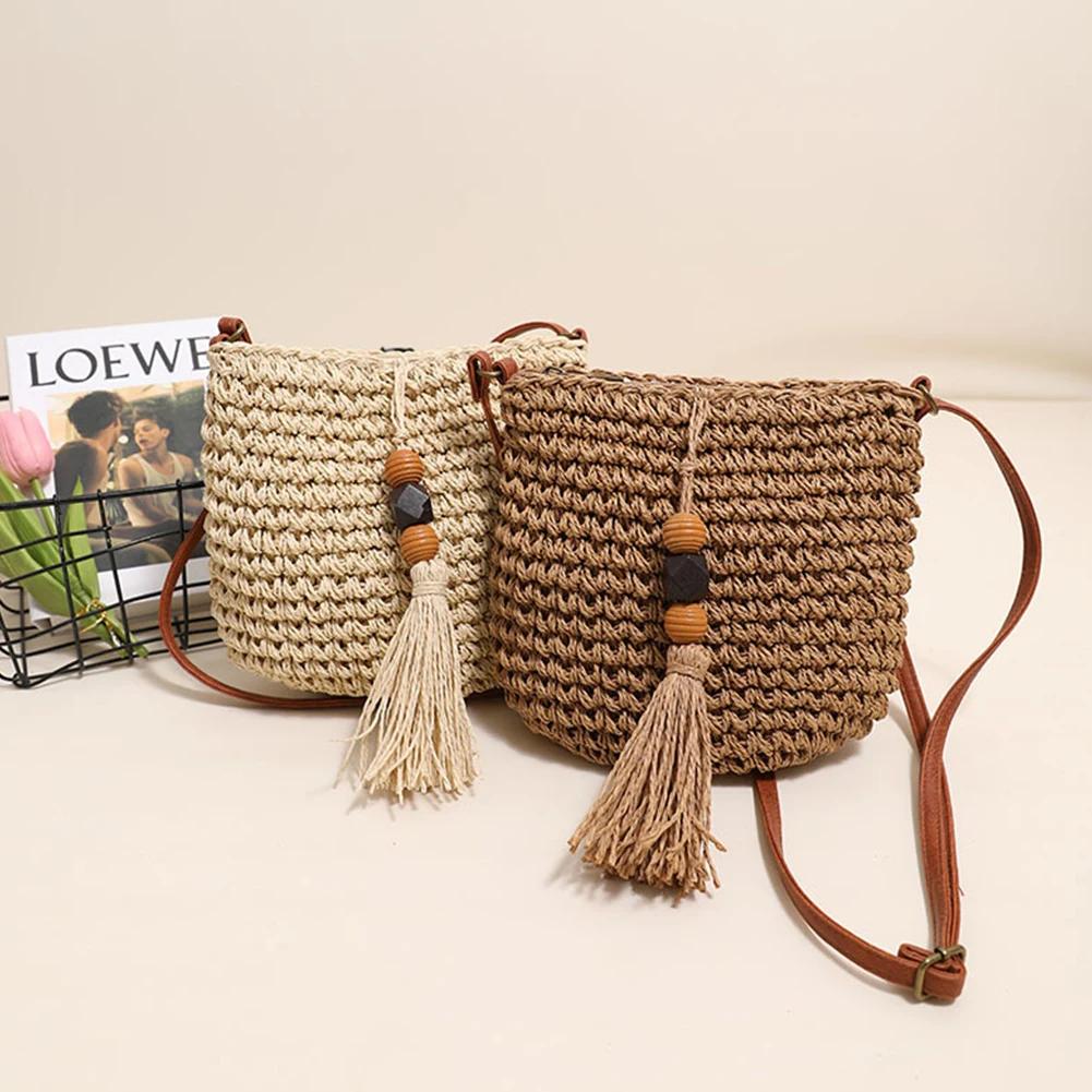 Damen Strand Gewebte Stroh Schulter Umhängetasche mit Quaste Böhmische Häkel Crossbody Tasche Sommer Stricktasche Weberei Geldbörsen