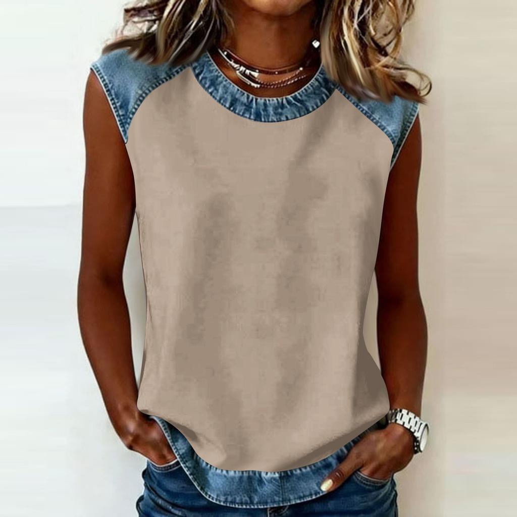 Sleeveless Crew Neck Top with Denim Trim Relaxed Fit Casual Shirt for Women Comfortable Design