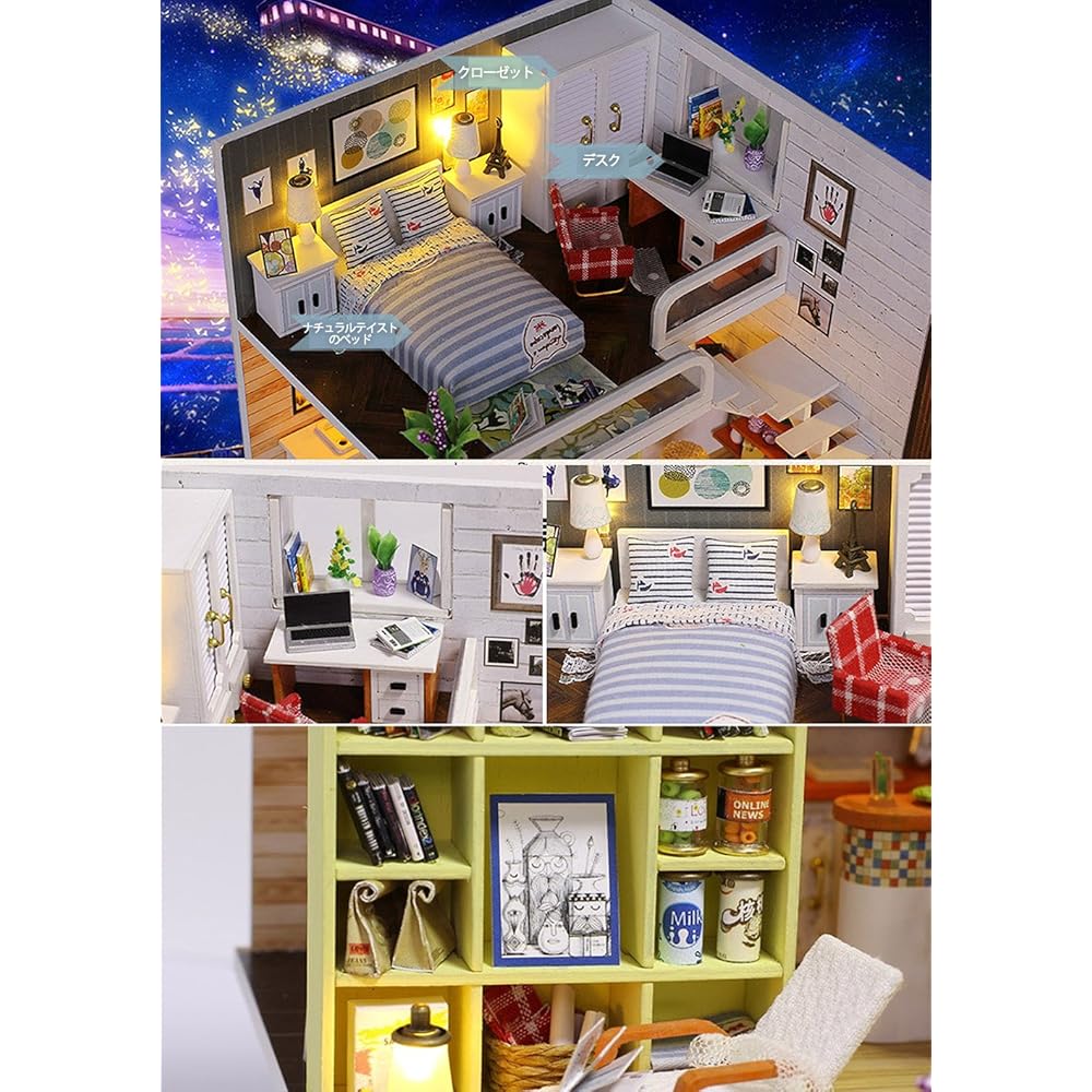 Caro Dollhouse Miniature DIY Kit Modern Two-Story House with LED Light and Acrylic Case Interior Model Room