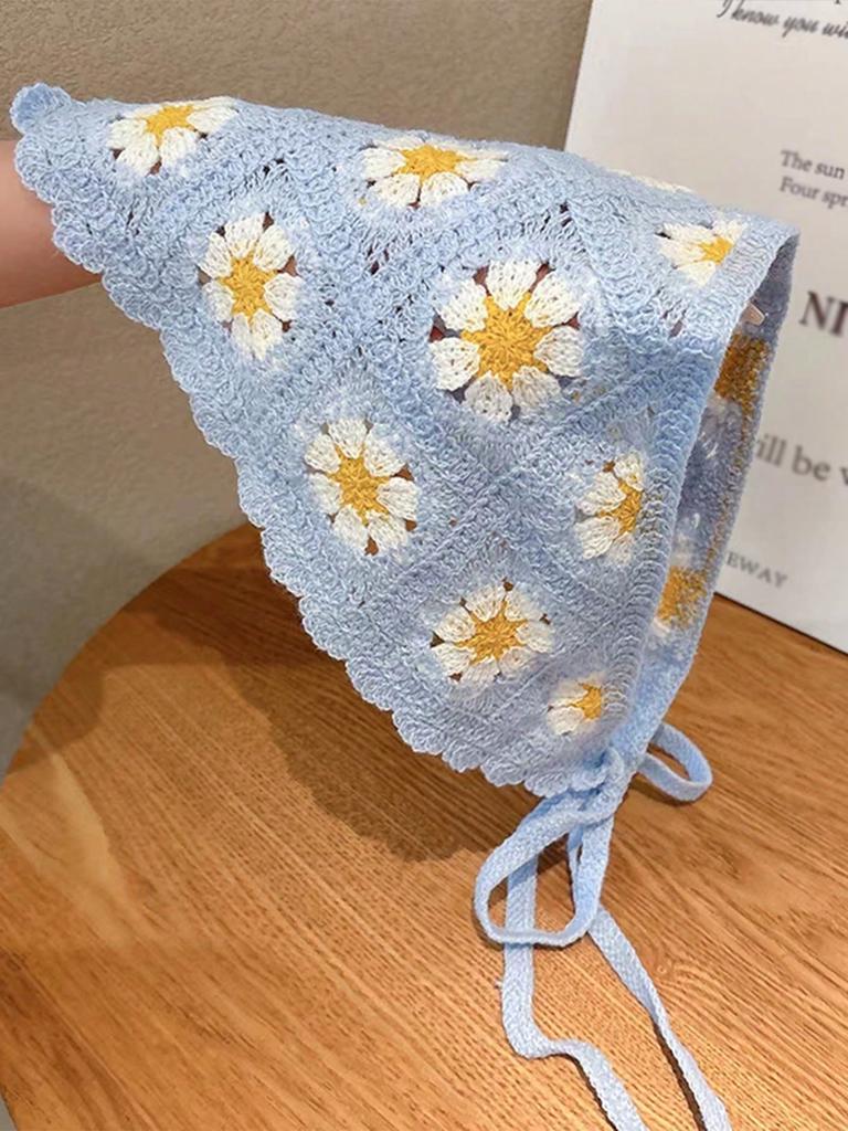 1Pcs French Flower Rustic Triangle Crochet Headbandwomen Head Kerchief Knitted Floral Hair Accessories For Hair Styling Decor