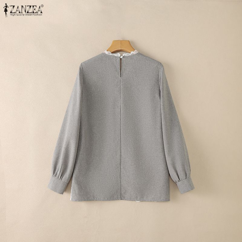 ZANZEA Women Casual V Neck Long Sleeve Lace Splice Blouse