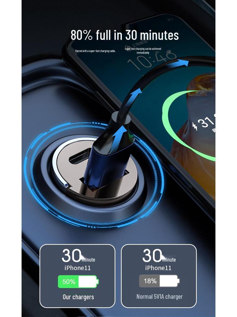 120W Fast Charging Mini Car Charger with Invisible Design for Cigarette Lighter