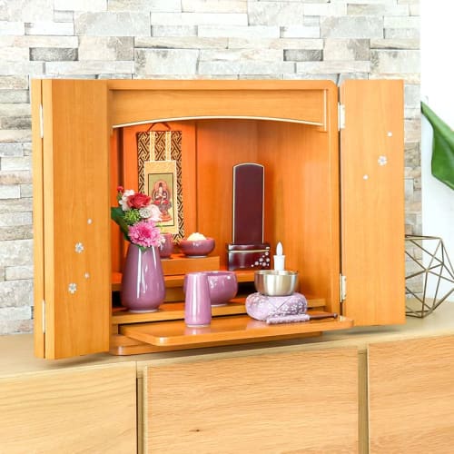 Mini Buddhist Altar "Spica" with Cherry Blossom Mother-of-Pearl Inlay, Furniture-Style Buddhist Altar with Light, Modern Buddhist Altar, Natural Style