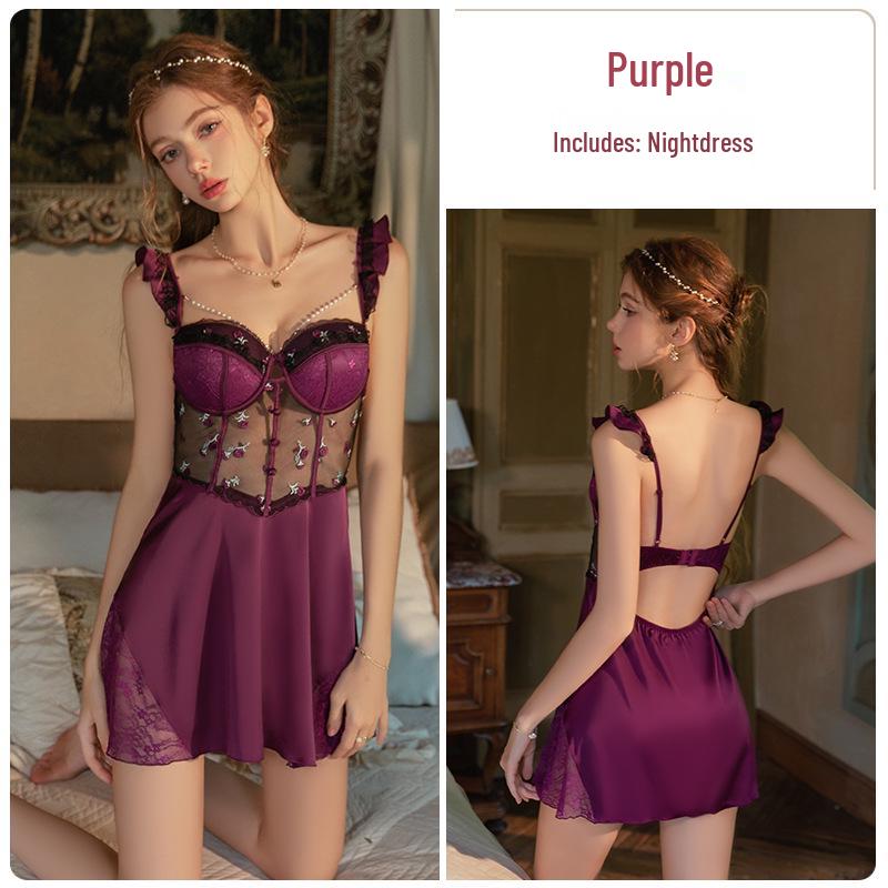 Guiruo Plus Size Deep V Underwire Mesh Camisole Nightgown Set
