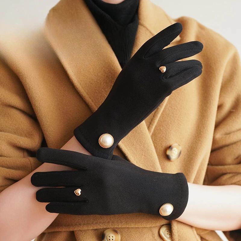 Autumn Winter Warm Women Gloves Winter Warm Full Finger Touch Screen Gloves Retro Pearl Driving Mittens Cycling Driving Mittens