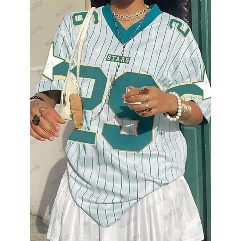 

Oversized T-shirt For Women V-Neck Short Sleeve Summer Pink Patchwork 29 Printed Streetwear Tops Casual Football Jersey Y2k Tees XL