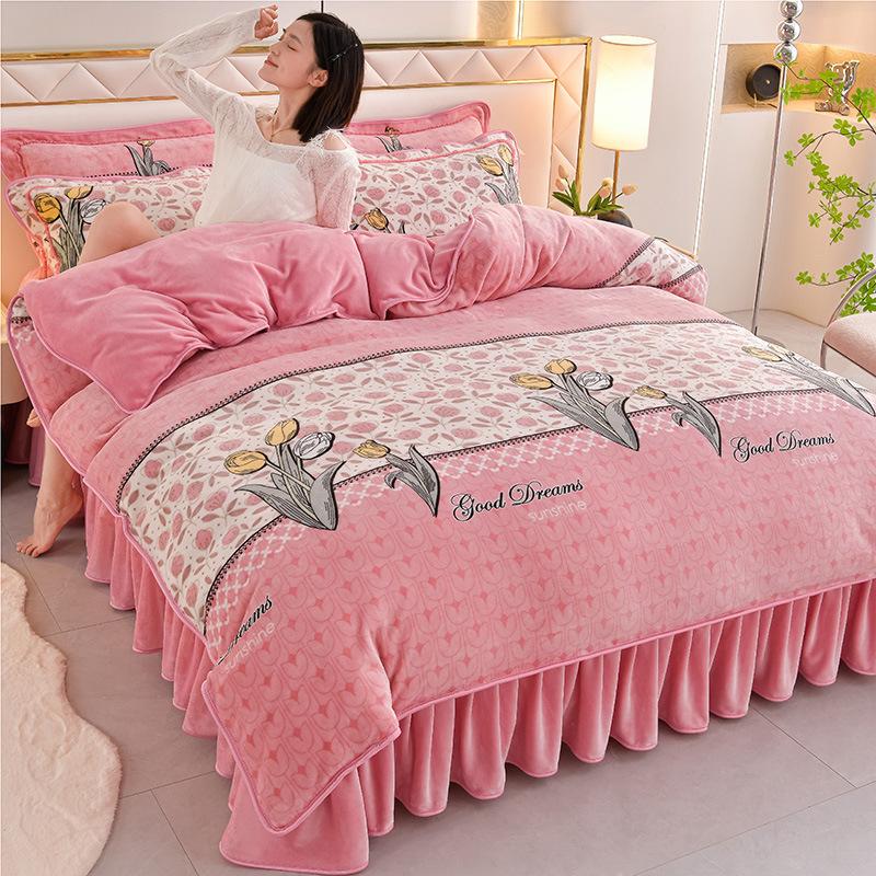 Light luxury high-end thickened milk fleece four-piece set, winter warm quilt cover, double-sided coral fleece anti-static three-piece set