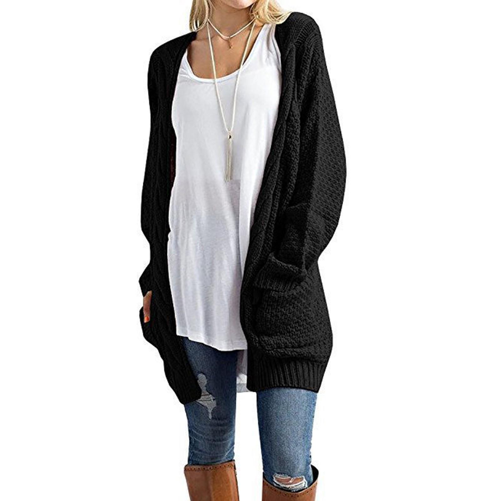 

Модный женский длинный рукав вязаный и зимний кардиган свитер однотонное пальто XL чёрный