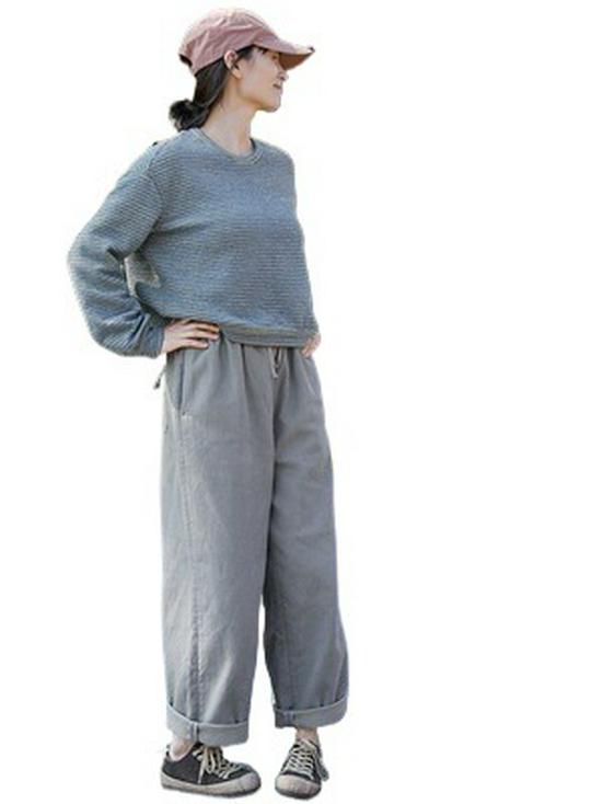 Women's Retro Gray Cotton Elastic Waist Casual Pants