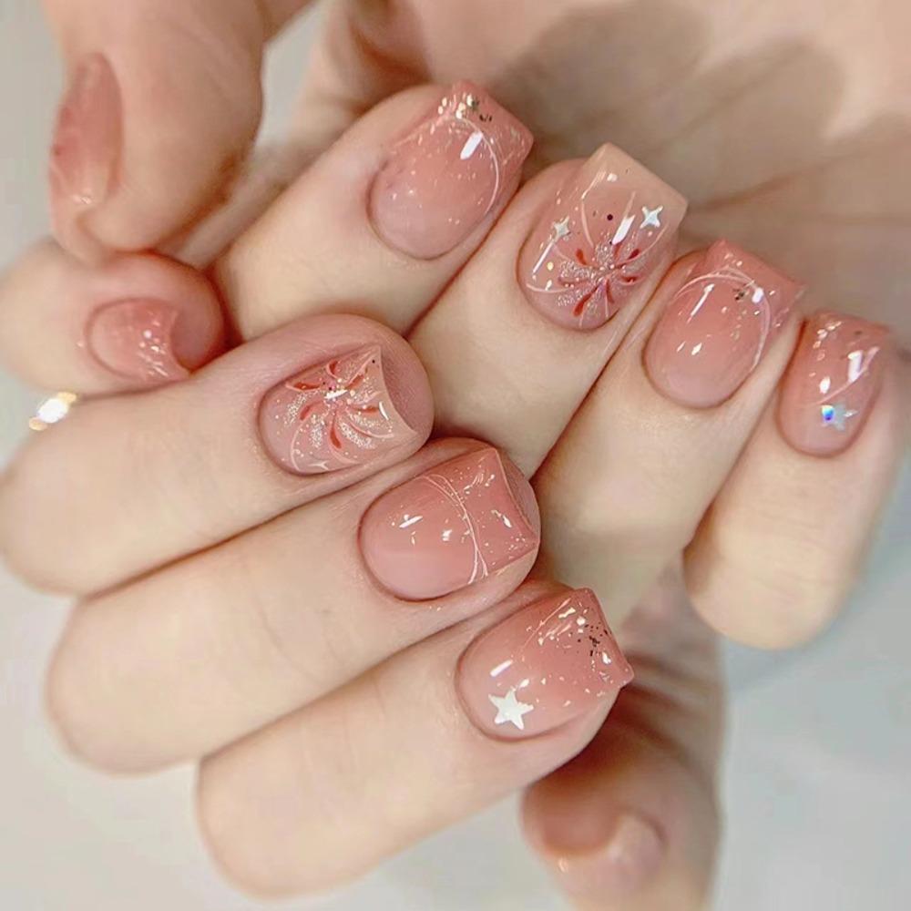 Almond Short Square Head False Nails Manicure Nail Art French Press On Nails Diy with Gel Stickers/Glue Reusable Fake Nails