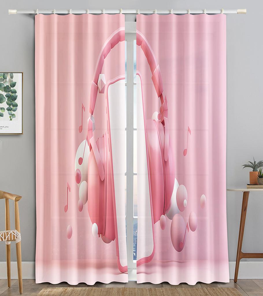 Earphone Music Red Heart Pink WaveBlackout Window Curtain for Living Room Bedroom Bathroom Kicthen Door Cupboard Decor Hooks