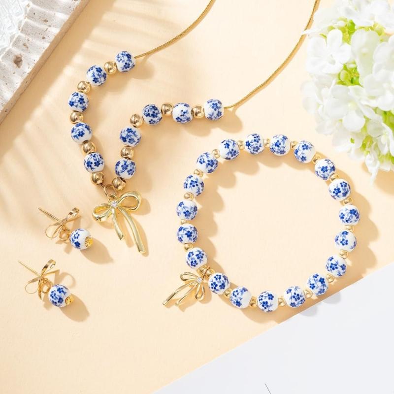 Stylish Blue White Porcelain Bowknot Beaded Jewelry Set Sturdy Fade Resistant Necklace Bracelet Earrings Adornment