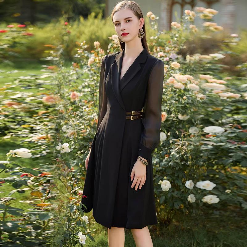 Spring Black Mesh Sleeve Goddess Dress - Waist-Slimming Suit Collar, Mid-Length Professional Women's Outfit