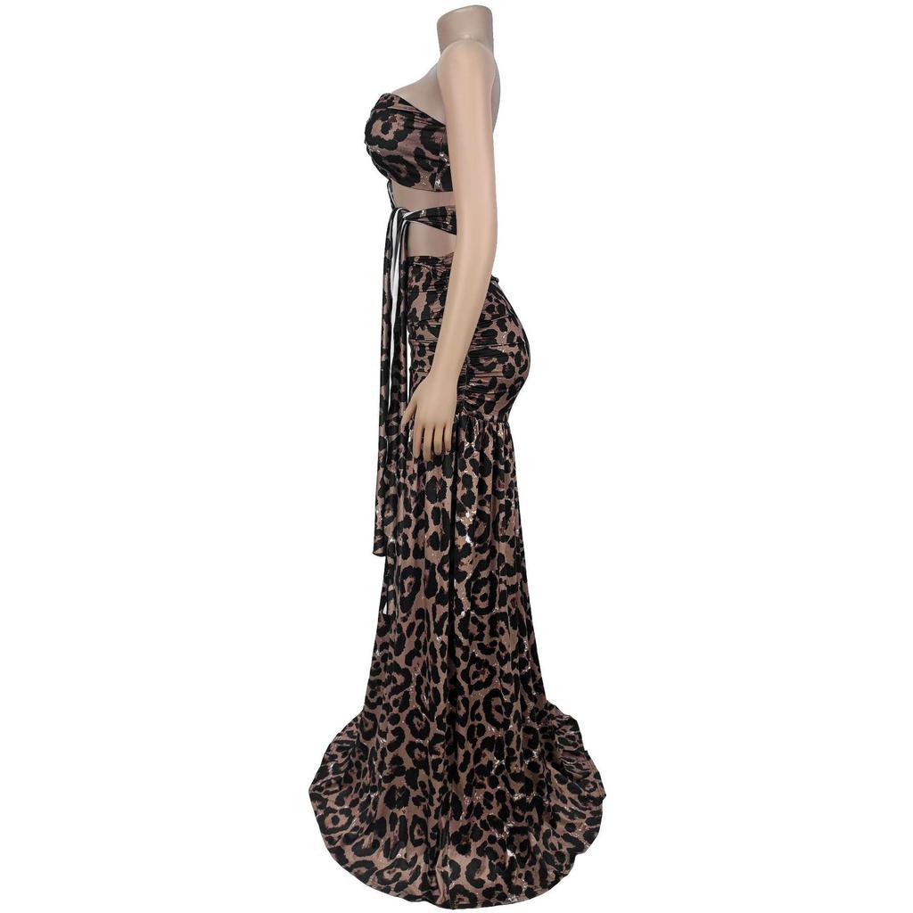 C7501 Leopard Print Off-Shoulder Backless Dress - Women's Sexy European & American Fashion